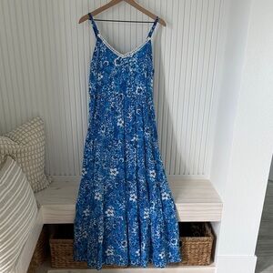 Blue Floral Maxi Dress with Lace Trim